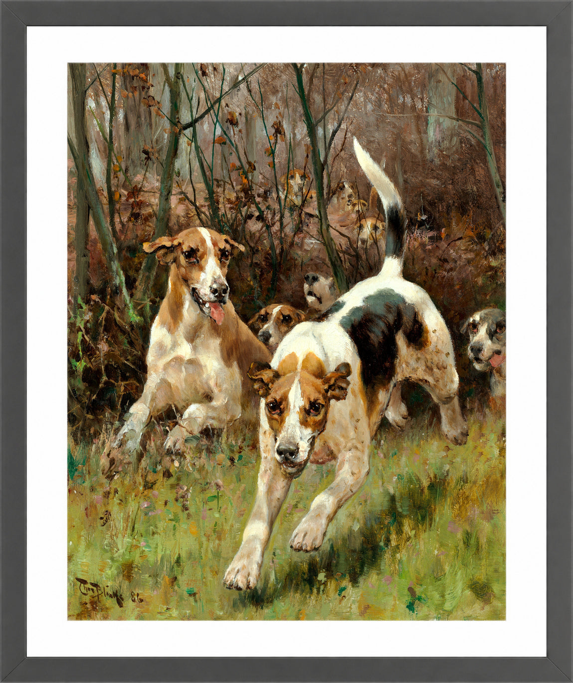 Thomas Blinks Print, Hunting pack coming on (1886) in a dark grey frame