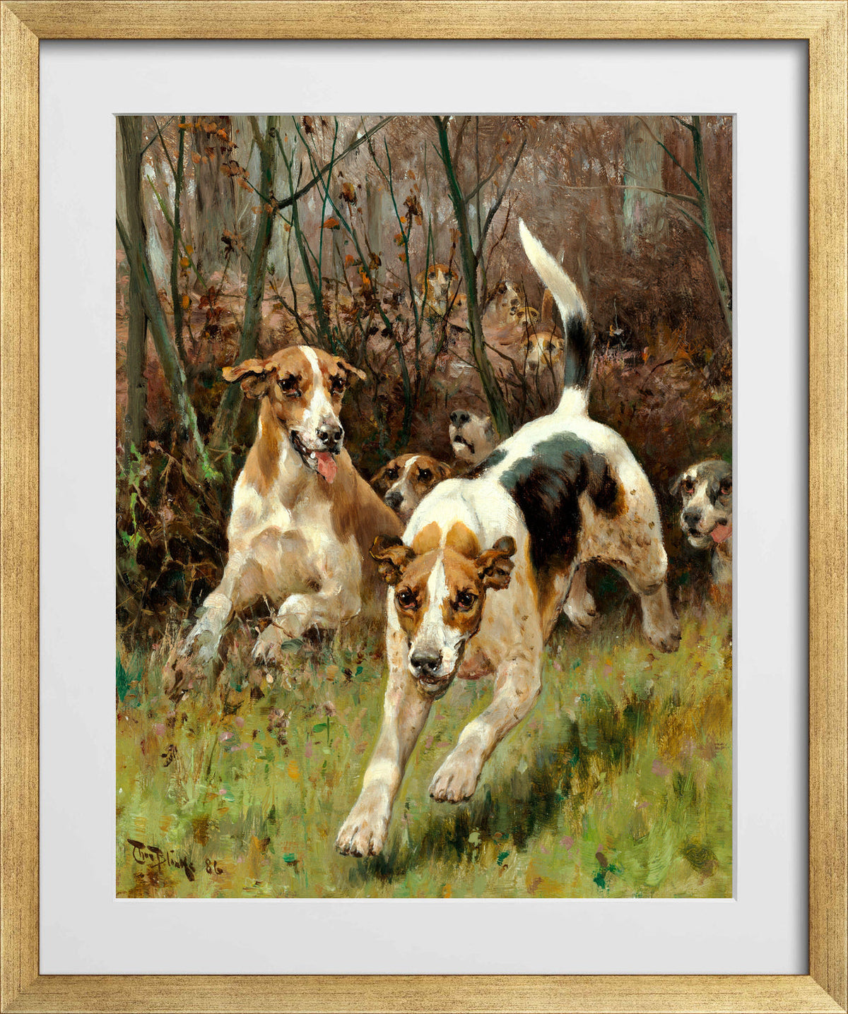 Thomas Blinks Print, Hunting pack coming on (1886) in a gold frame