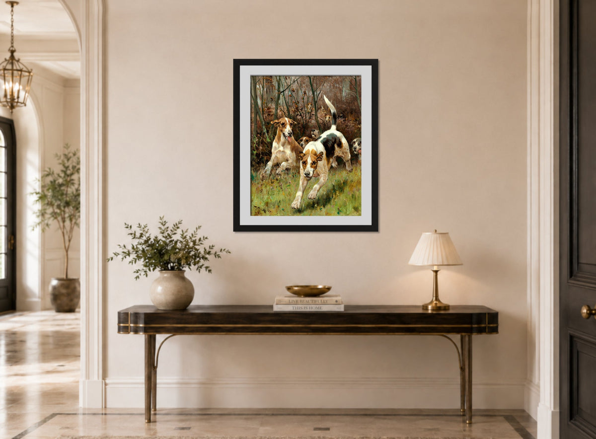 Thomas Blinks Print, Hunting pack coming on (1886) displayed above a console table