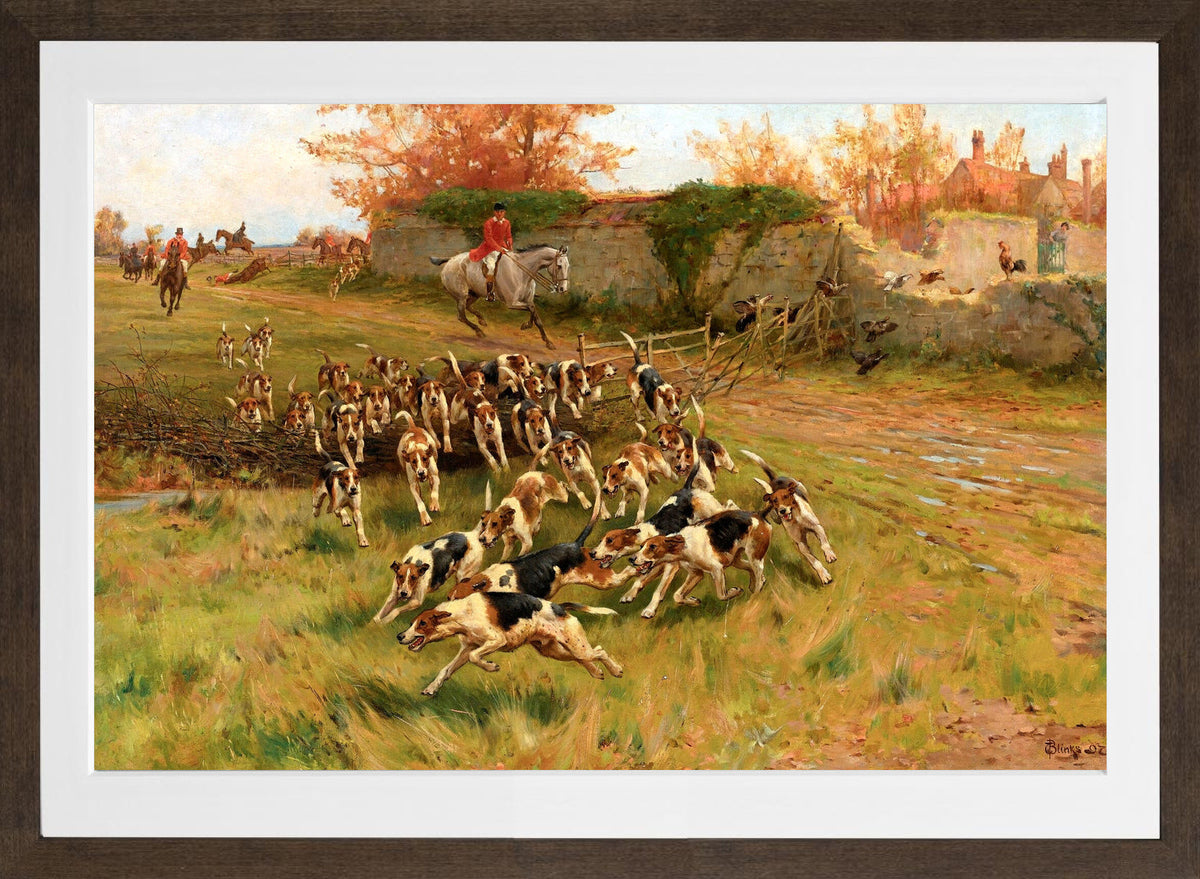 Thomas Blinks Print, In full cry (1897) in a brown frame