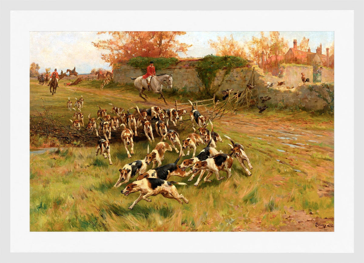 Thomas Blinks Print, In full cry (1897) in a white frame
