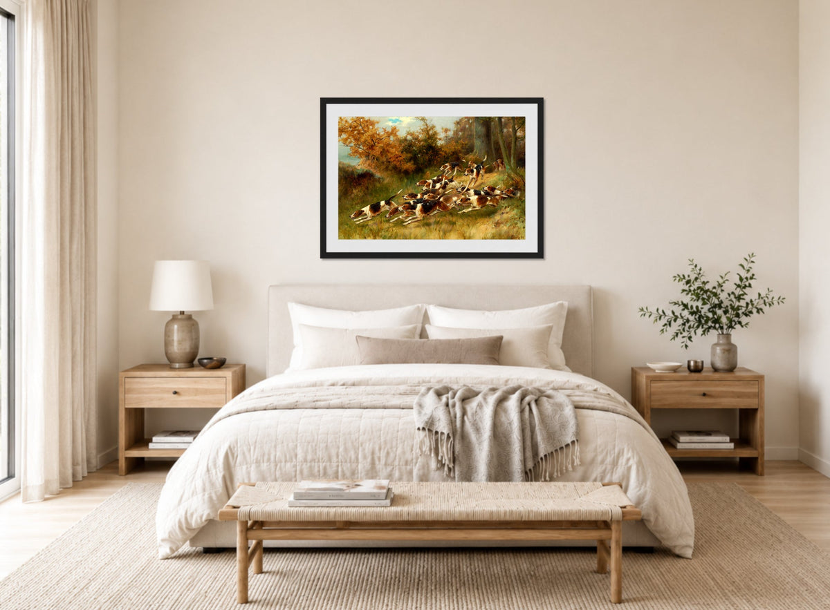 Thomas Blinks Print, On the scent (1891) displayed above a bed