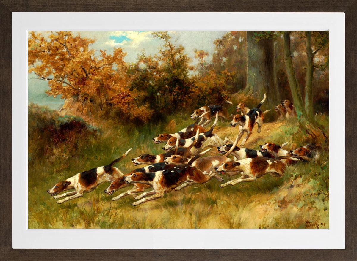 Thomas Blinks Print, On the scent (1891) in a brown frame