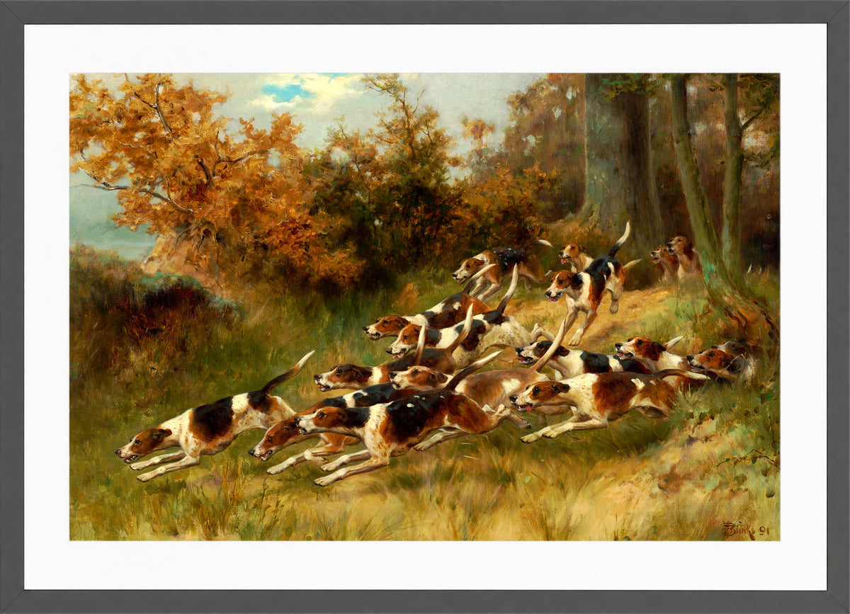 Thomas Blinks Print, On the scent (1891) in a dark grey frame