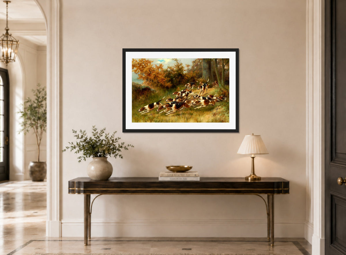 Thomas Blinks Print, On the scent (1891) displayed above a console table