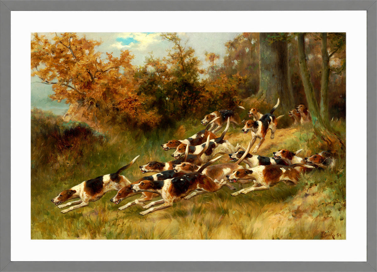 Thomas Blinks Print, On the scent (1891) in a light grey frame