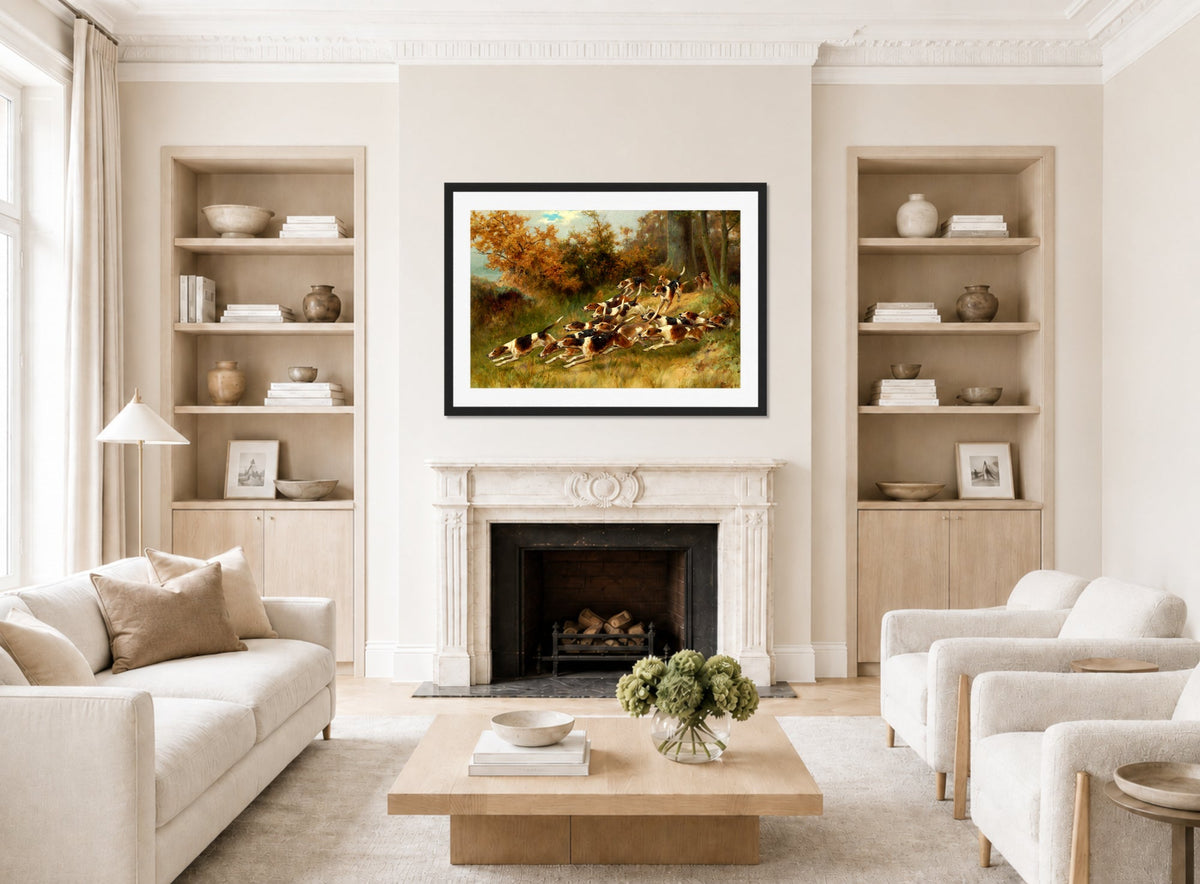 Thomas Blinks Print, On the scent (1891) displayed in a Scandinavian living room