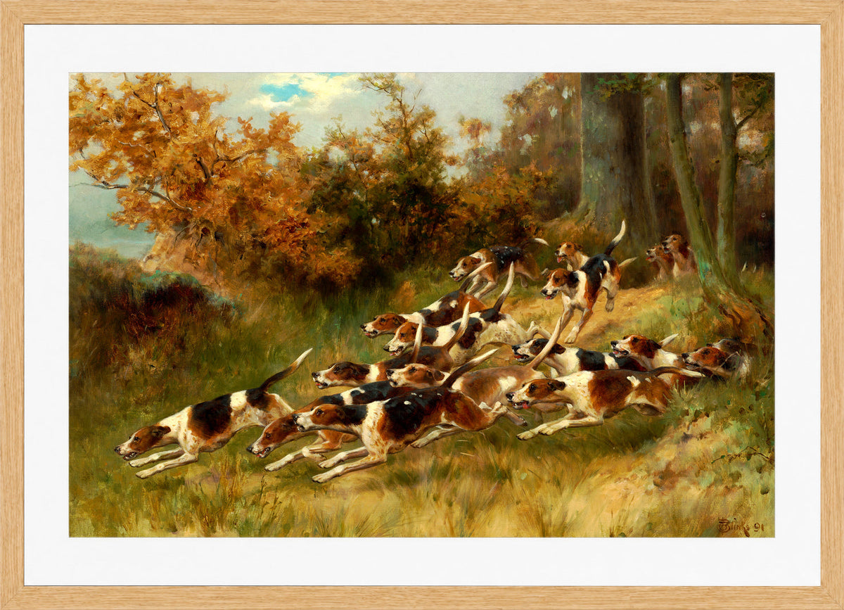 Thomas Blinks Print, On the scent (1891) in an oak frame