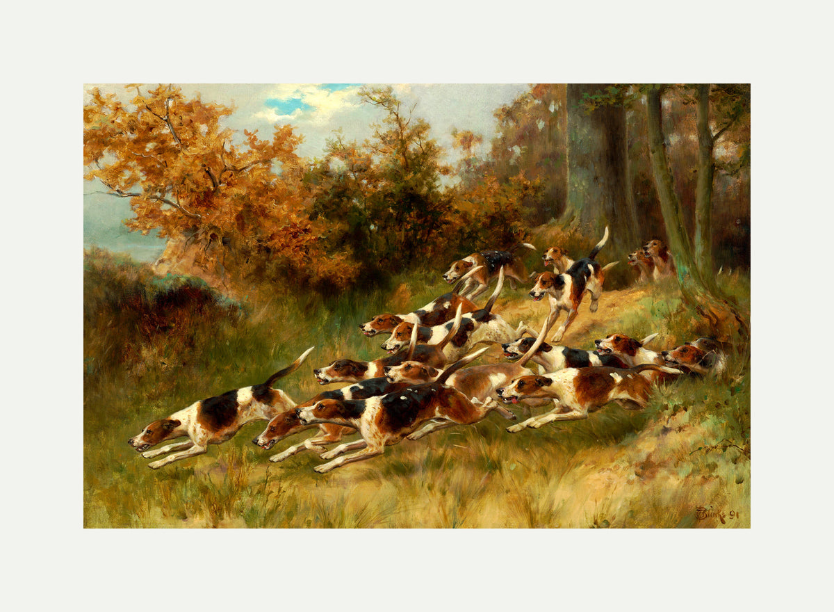Thomas Blinks Print, On the scent (1891) with an off-white border for rolled canvas