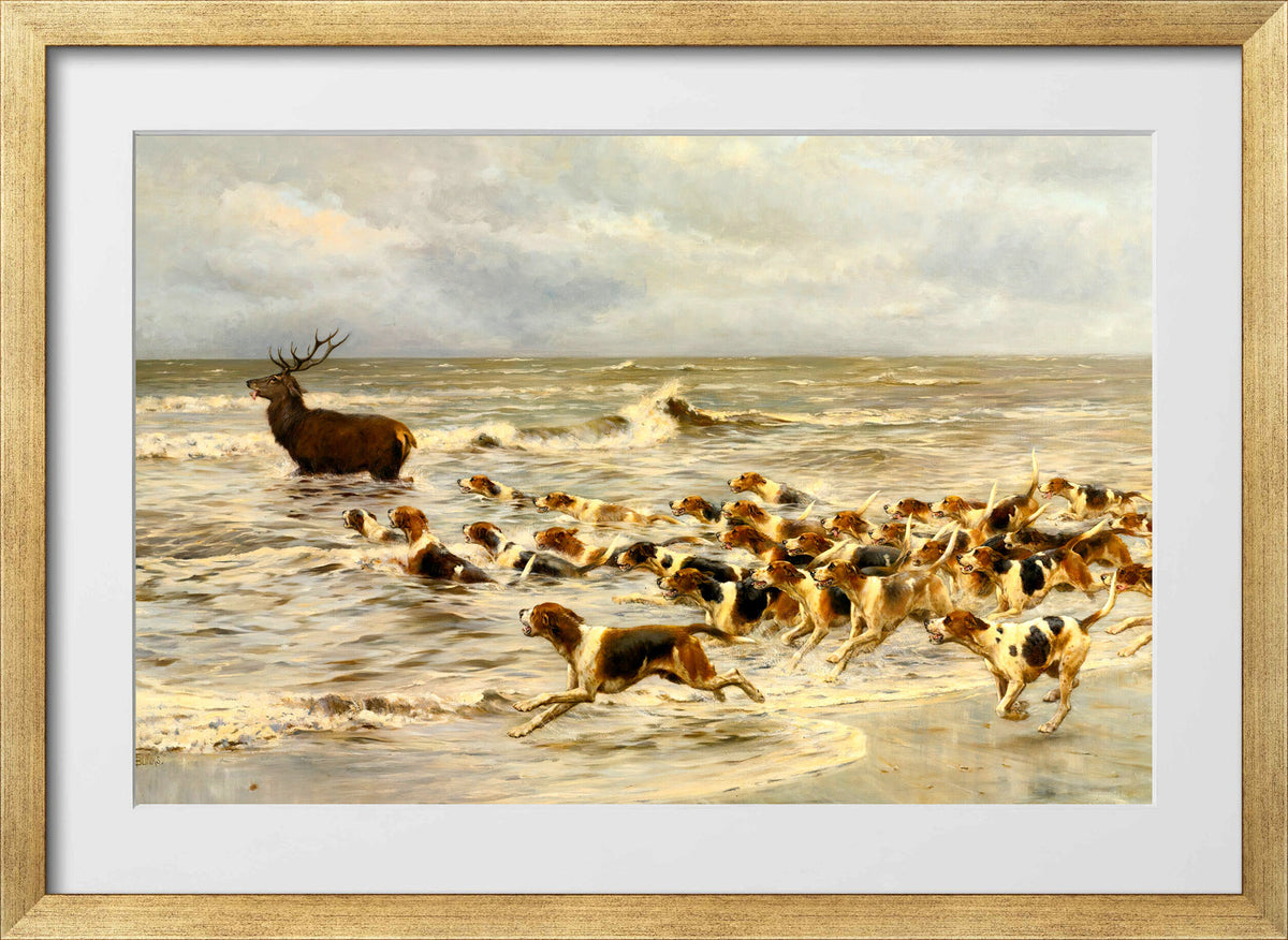 Thomas Blinks Print, The Chase in a gold frame