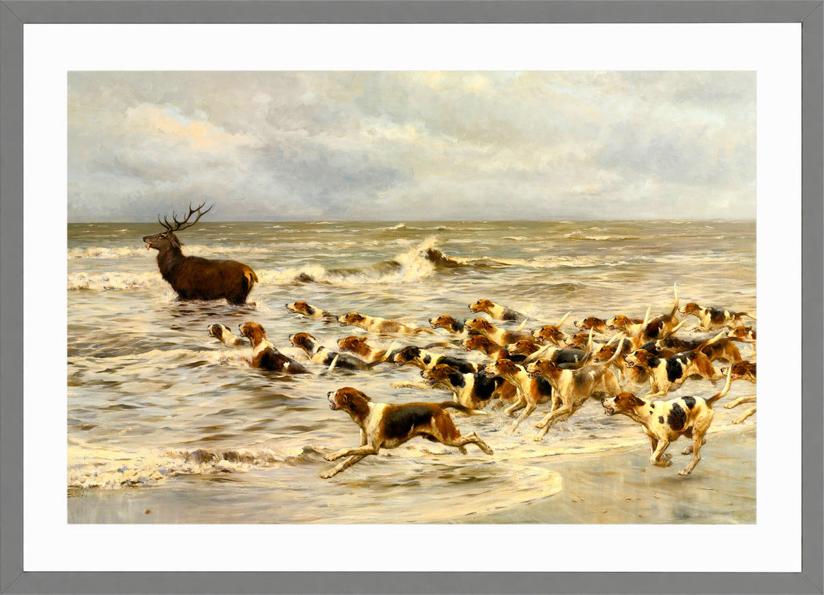 Thomas Blinks Print, The Chase in a light grey frame