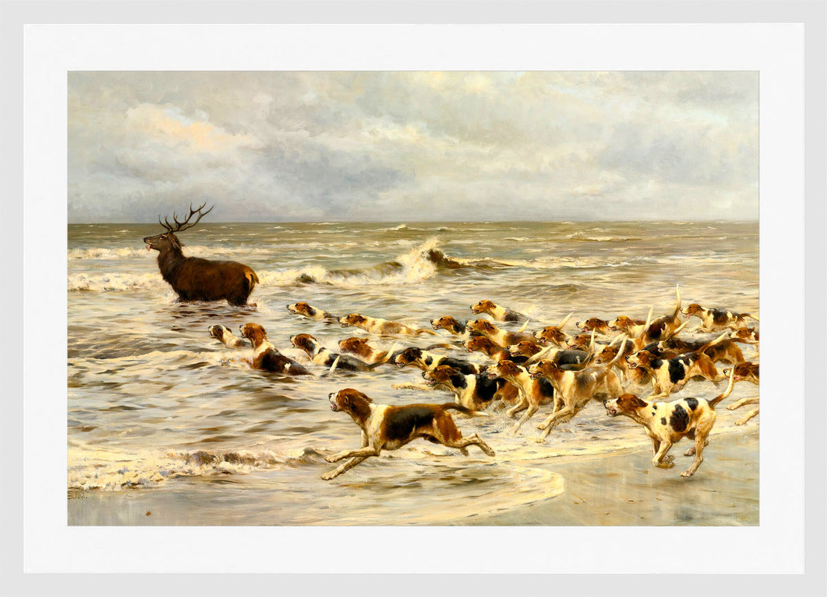Thomas Blinks Print, The Chase in a white frame