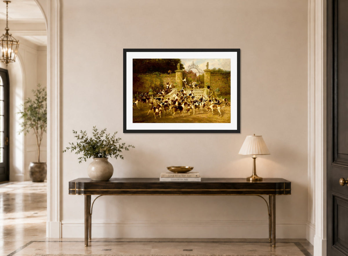 Thomas Blinks Print, The Sanctuary displayed above a console table