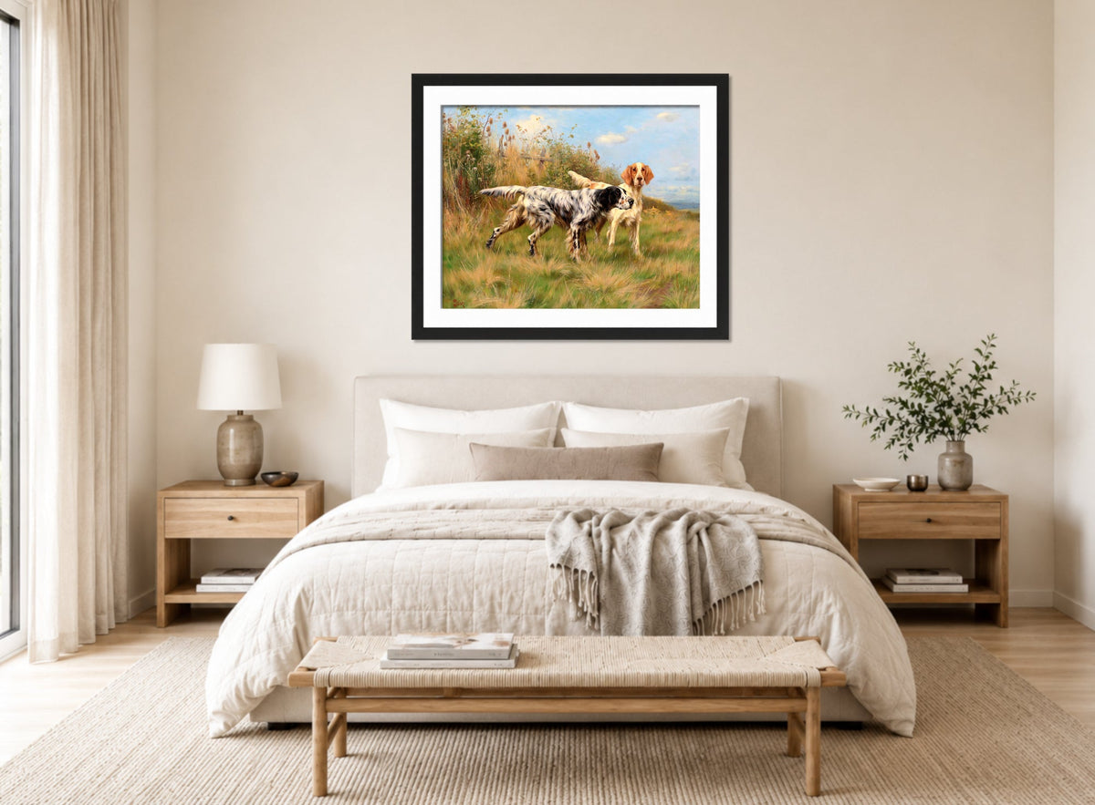 Thomas Blinks Print, Two English setters displayed above a bed