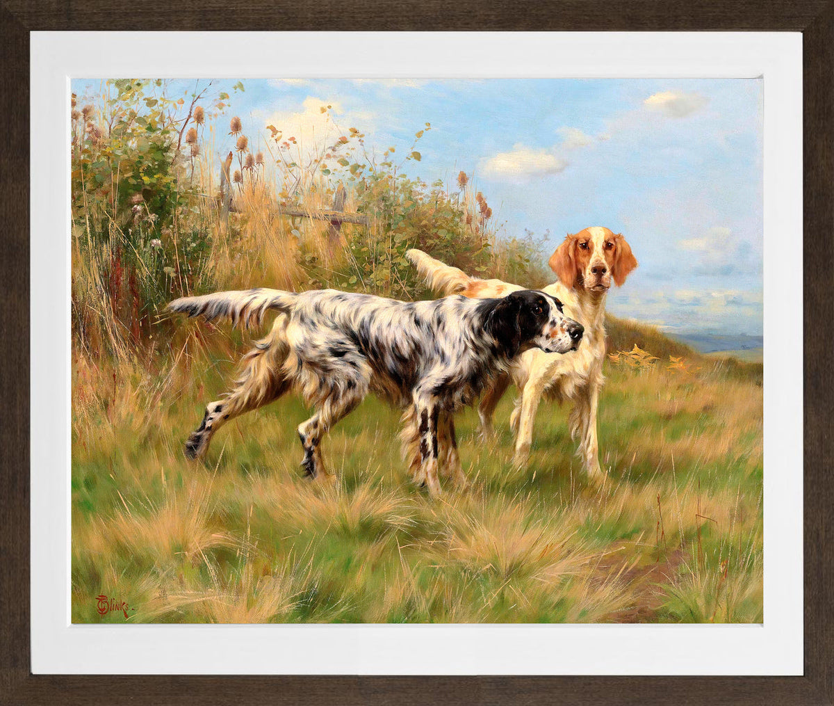 Thomas Blinks Print, Two English setters in a brown frame
