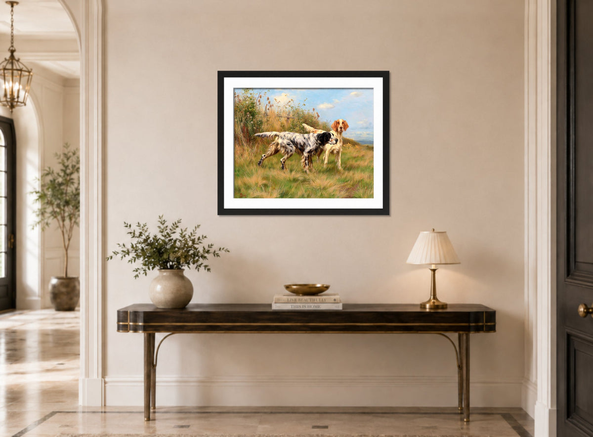 Thomas Blinks Print, Two English setters displayed above a console table