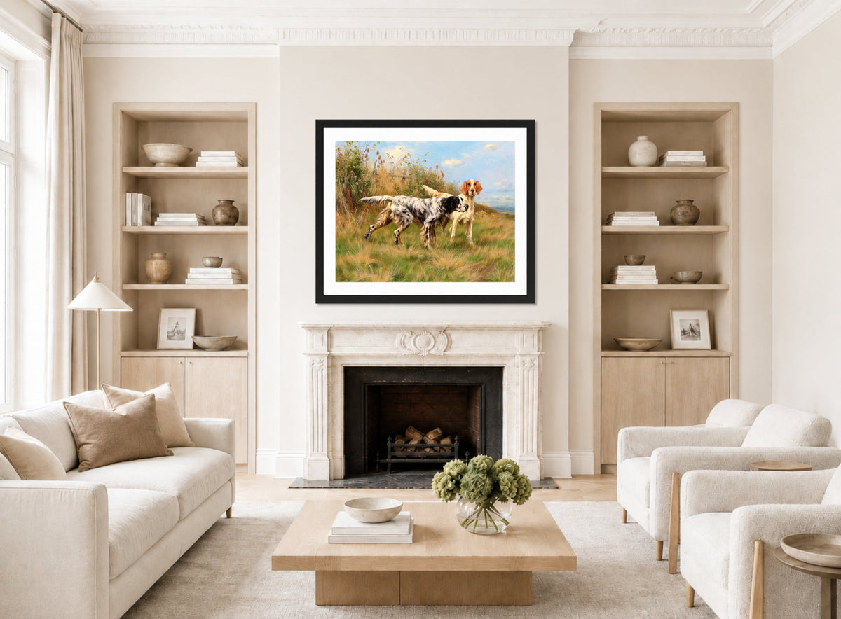 Thomas Blinks Print, Two English setters displayed in a Scandinavian living room
