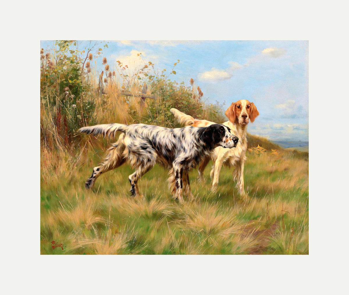 Thomas Blinks Print, Two English setters with an off-white border for rolled canvas