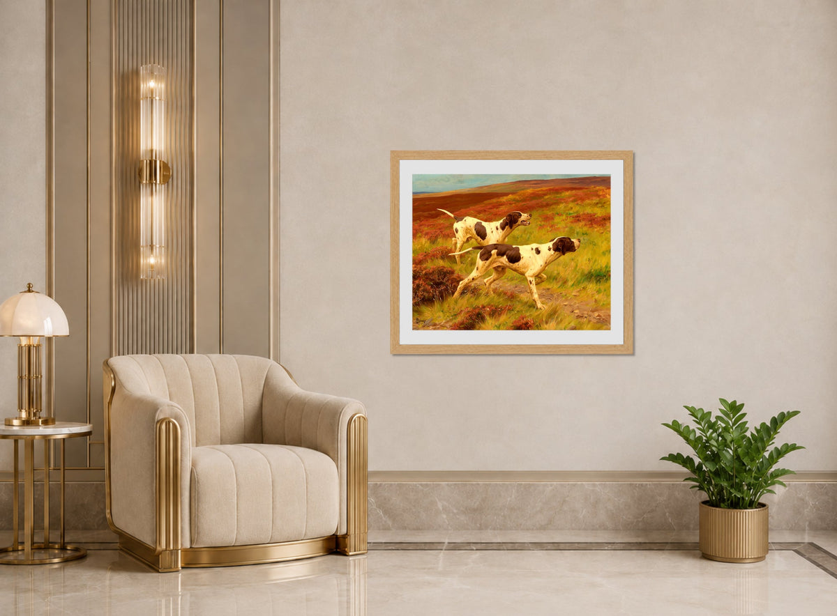 Thomas Blinks Print, Two pointers in the heather displayed in an Art Deco interior