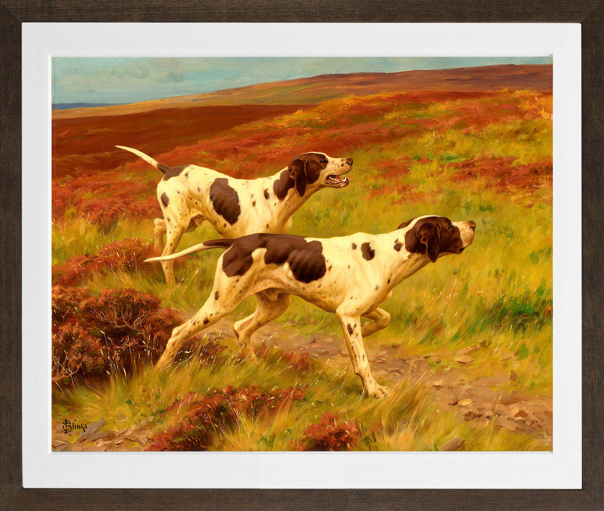 Thomas Blinks Print, Two pointers in the heather in a brown frame