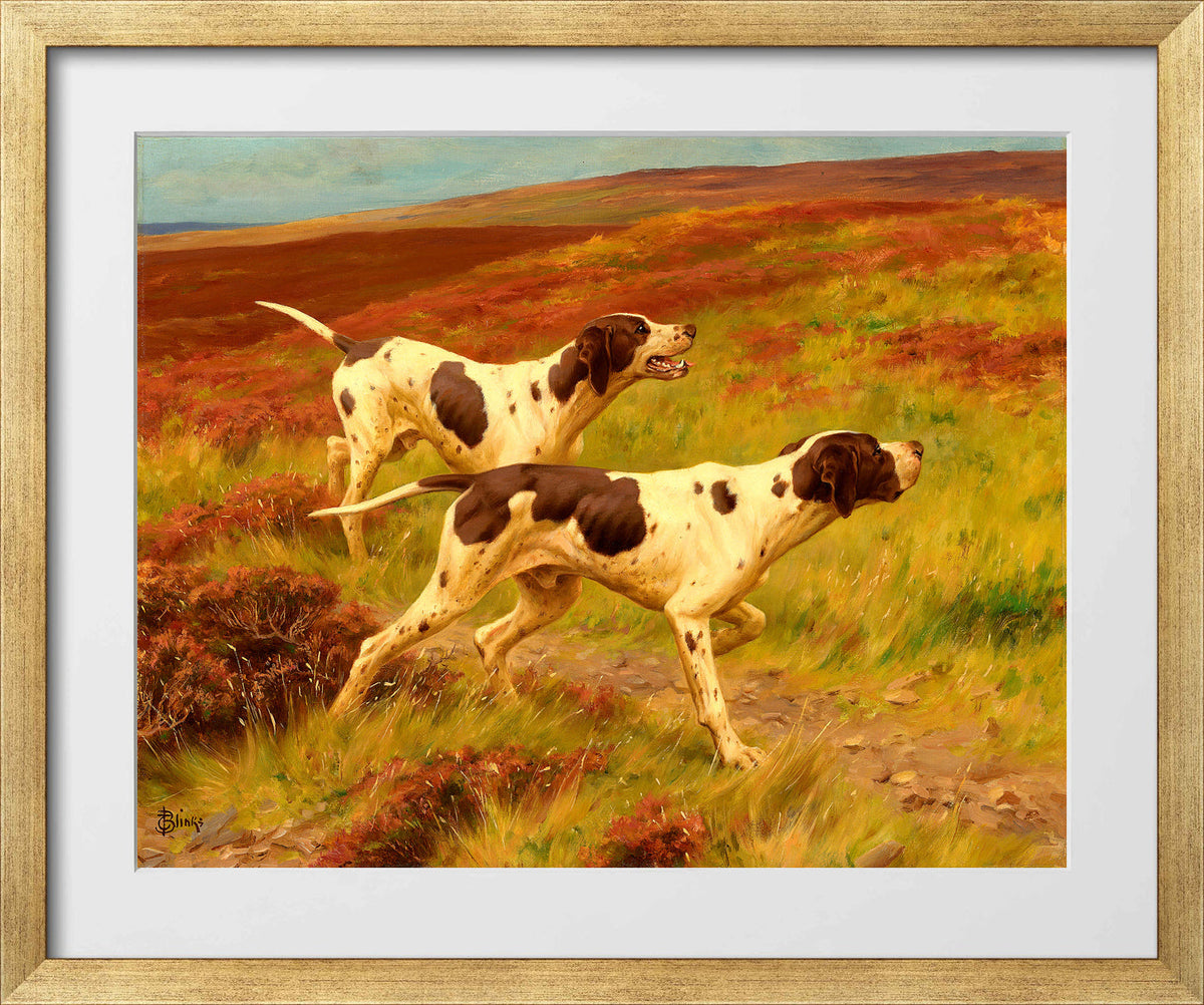 Thomas Blinks Print, Two pointers in the heather in a gold frame