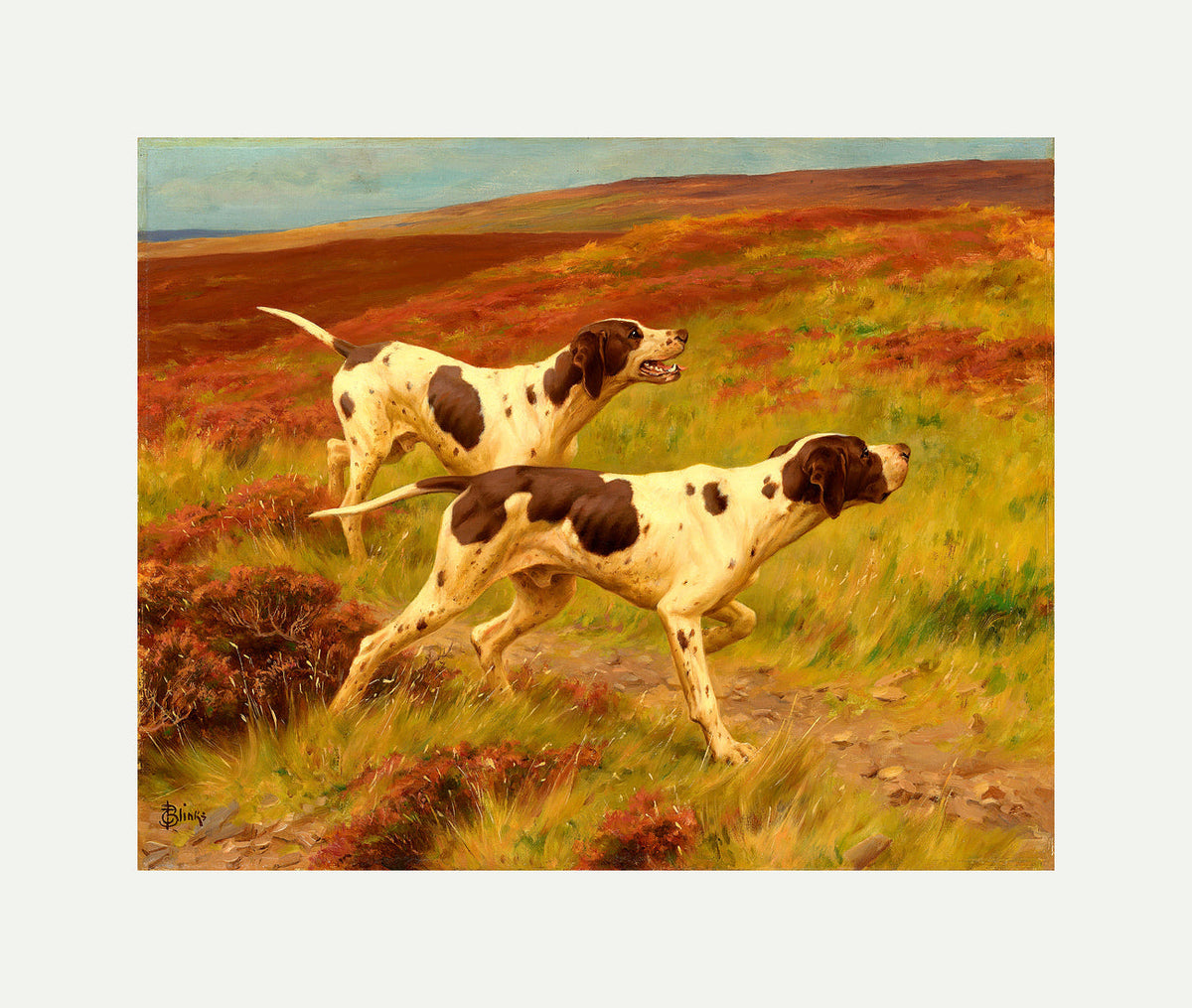 Thomas Blinks Print, Two pointers in the heather with an off-white border for rolled canvas