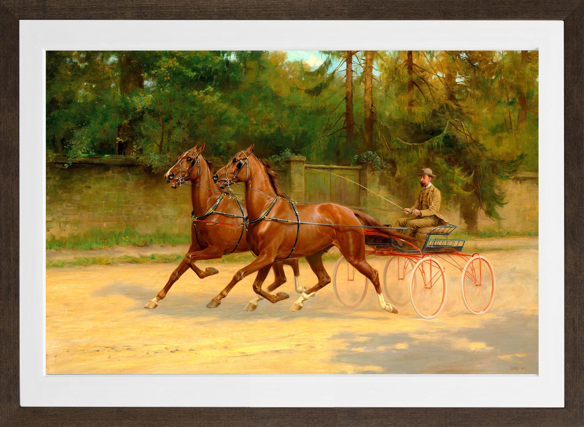 Thomas Blinks Print, Walter Winans driving a carriage (1900) in a brown frame