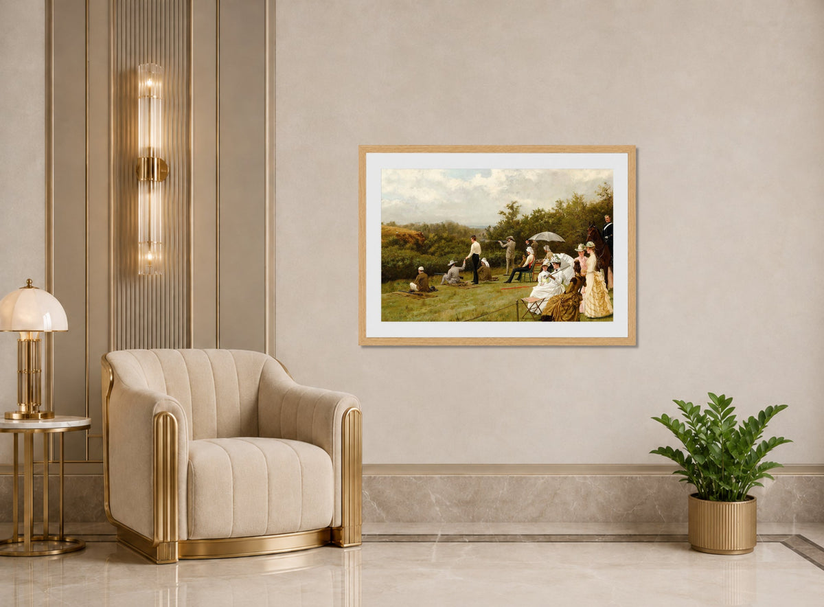 Thomas Blinks Print, Walter Winans On The Running Deer Range, Wimbledon Common (1888 ) displayed in an Art Deco interior
