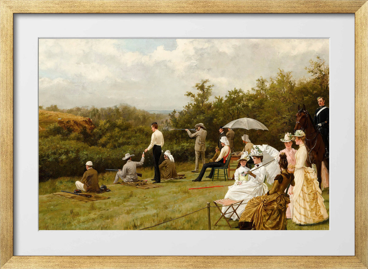 Thomas Blinks Print, Walter Winans On The Running Deer Range, Wimbledon Common (1888 ) in a gold frame