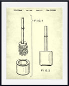 A framed patent-style print showing a toilet brush disassembled into its components, with labeled figures Fig. 1 and Fig.