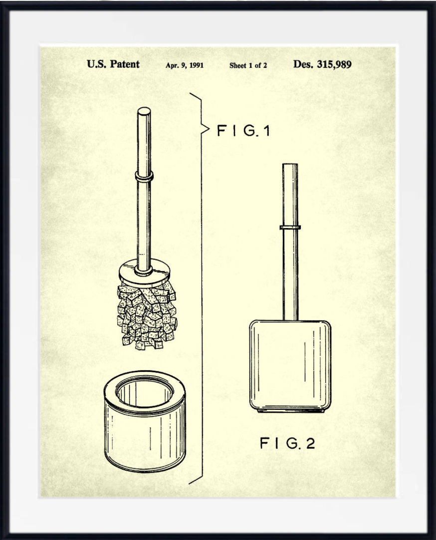 A framed patent-style print showing a toilet brush disassembled into its components, with labeled figures Fig. 1 and Fig.