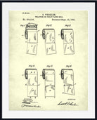 A framed vintage patent print of S. Wheeler's toilet paper roll, showing six illustrated views of the toilet paper on aged cream paper with black text and line drawings, set in a black frame with a white mat.