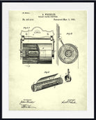 A framed vintage patent print of S. Wheeler's 1891 tulip paper filter, featuring three black technical illustrations on an aged cream background with a white mat and black frame.