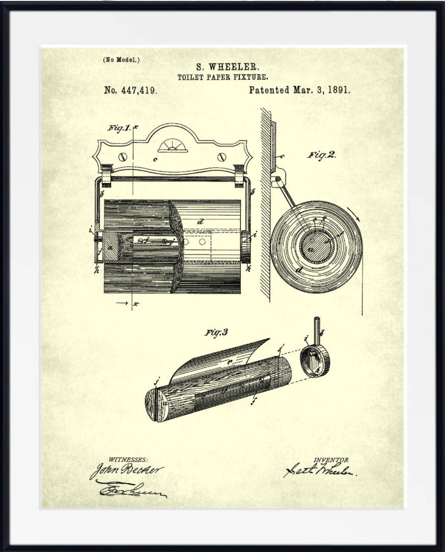 A framed vintage patent print of S. Wheeler's 1891 tulip paper filter, featuring three black technical illustrations on an aged cream background with a white mat and black frame.
