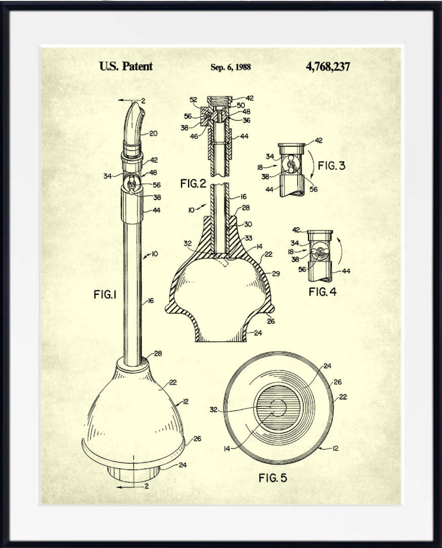 A framed U.S. patent print diagram of a toilet plunger - unique bathroom wall art