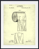 A framed vintage patent print for a toilet paper roll, showing technical drawings and text on an aged cream background, presented in a black frame with a white mat.