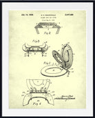 Vintage patent art print of a toilet seat and cover, featuring technical illustrations and text on an aged cream background, framed in black with a white mat.