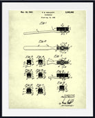 A framed vintage patent print for a toothbrush, dated November 18, 1941, showing multiple black technical drawings and labels on an aged cream background, presented in a white frame.