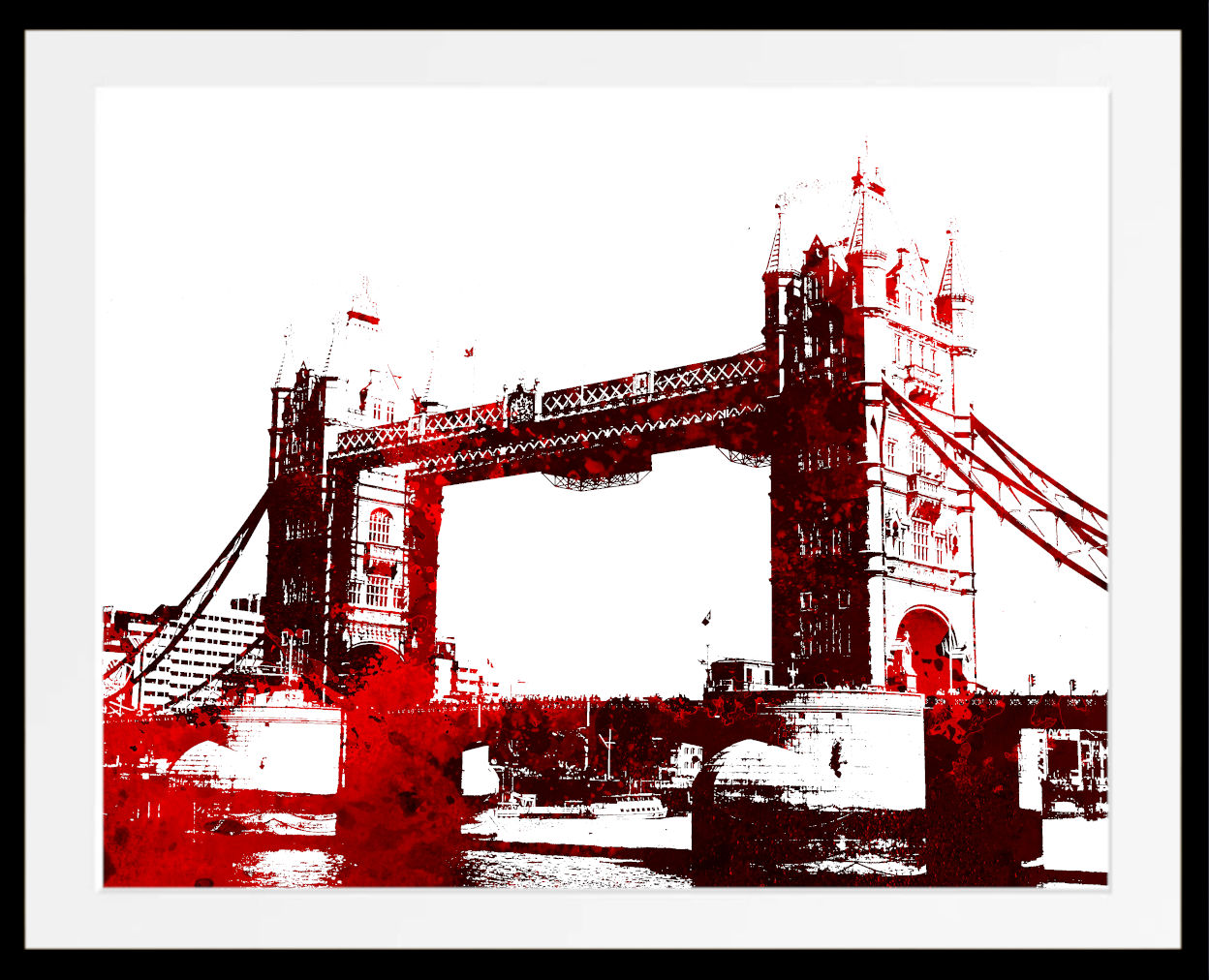 A framed art print depicting Tower Bridge in London, stylized in a high-contrast red and white pop-art design with a black frame and white mat.