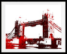 A framed art print depicting Tower Bridge in London, stylized in a high-contrast red and white pop-art design with a black frame and white mat.