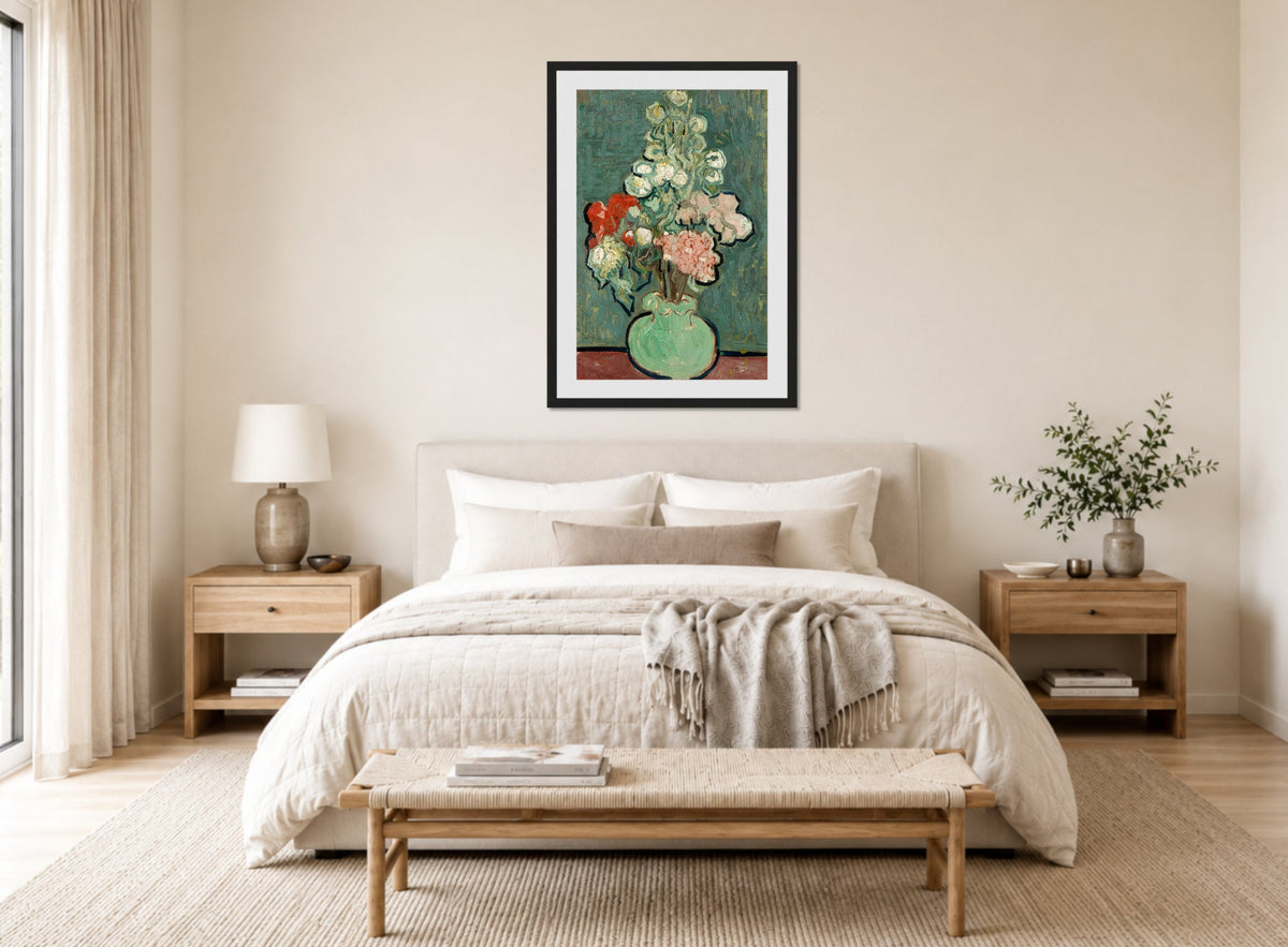 Vincent van Gogh Print, 009 Vase of Flowers_12x8 displayed above a bed