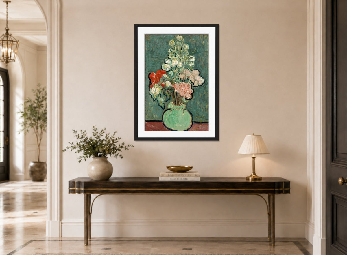 Vincent van Gogh Print, 009 Vase of Flowers_12x8 displayed above a console table