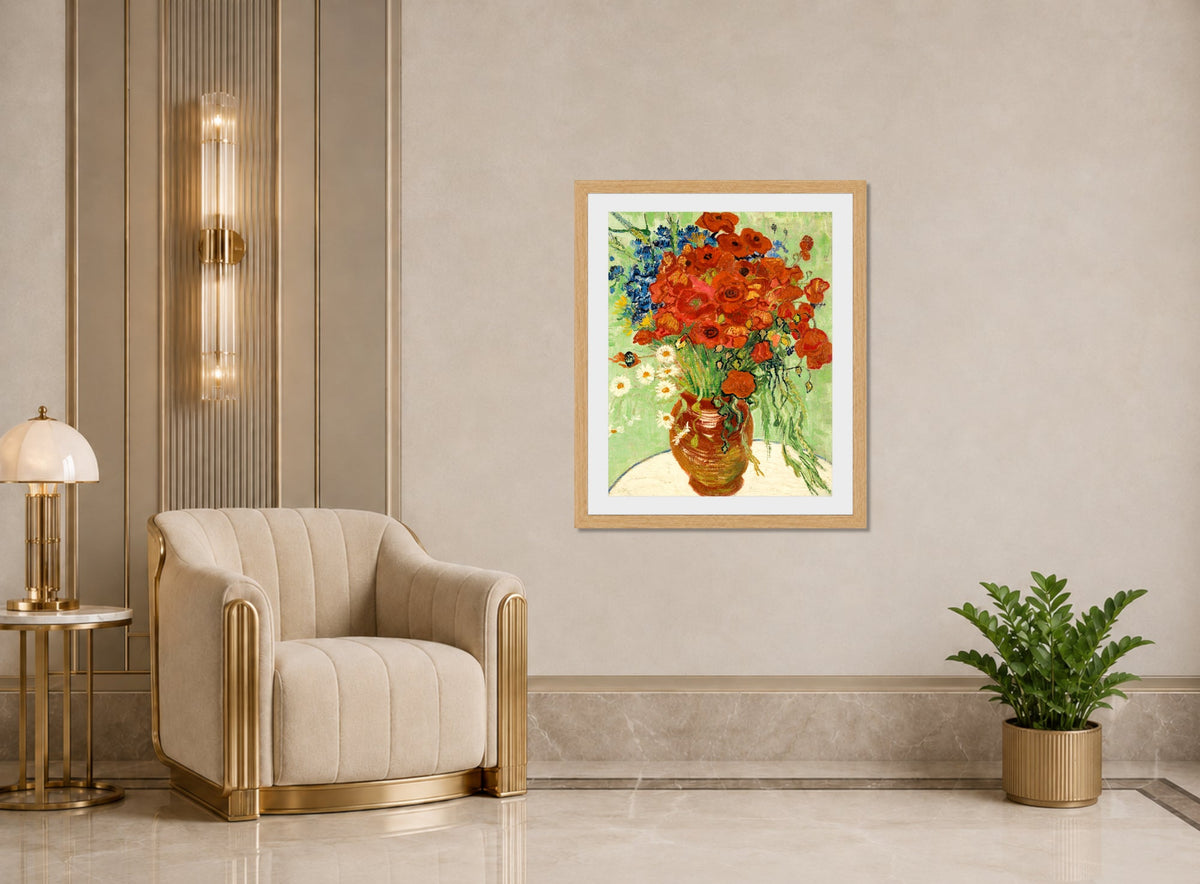 Vincent van Gogh Print, 010 Vase with Cornflowers and Poppies (1890)_10x8 displayed in an Art Deco interior