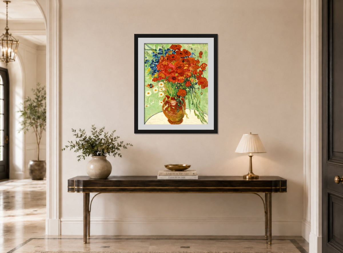 Vincent van Gogh Print, 010 Vase with Cornflowers and Poppies (1890)_10x8 displayed above a console table