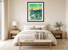 Vincent van Gogh Print, 018 Couple Walking among Olive Trees in a Mountainous Landscape with Crescent Moon_10x8 displayed above a bed