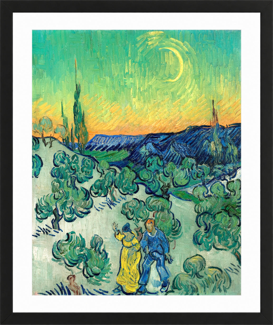 Vincent van Gogh Print, 018 Couple Walking among Olive Trees in a Mountainous Landscape with Crescent Moon_10x8 in a black frame