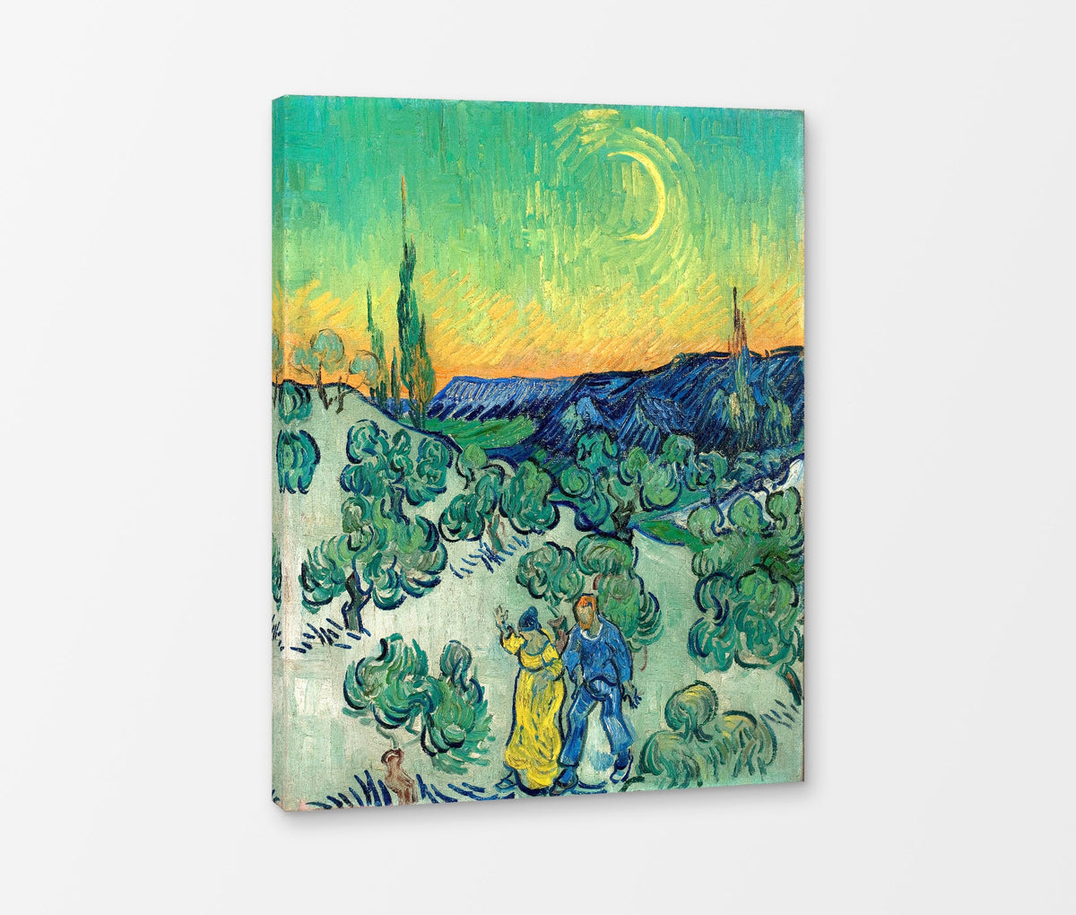 Vincent van Gogh Print, 018 Couple Walking among Olive Trees in a Mountainous Landscape with Crescent Moon_10x8 as a ready-to-hang canvas panel