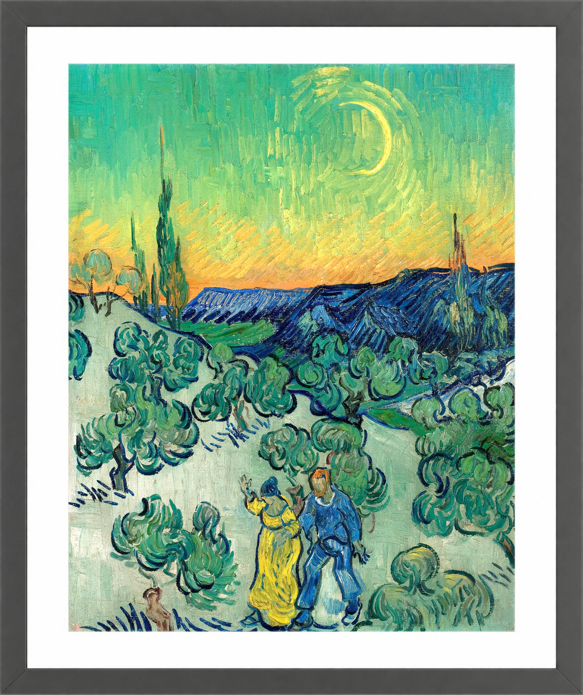 Vincent van Gogh Print, 018 Couple Walking among Olive Trees in a Mountainous Landscape with Crescent Moon_10x8 in a dark grey frame