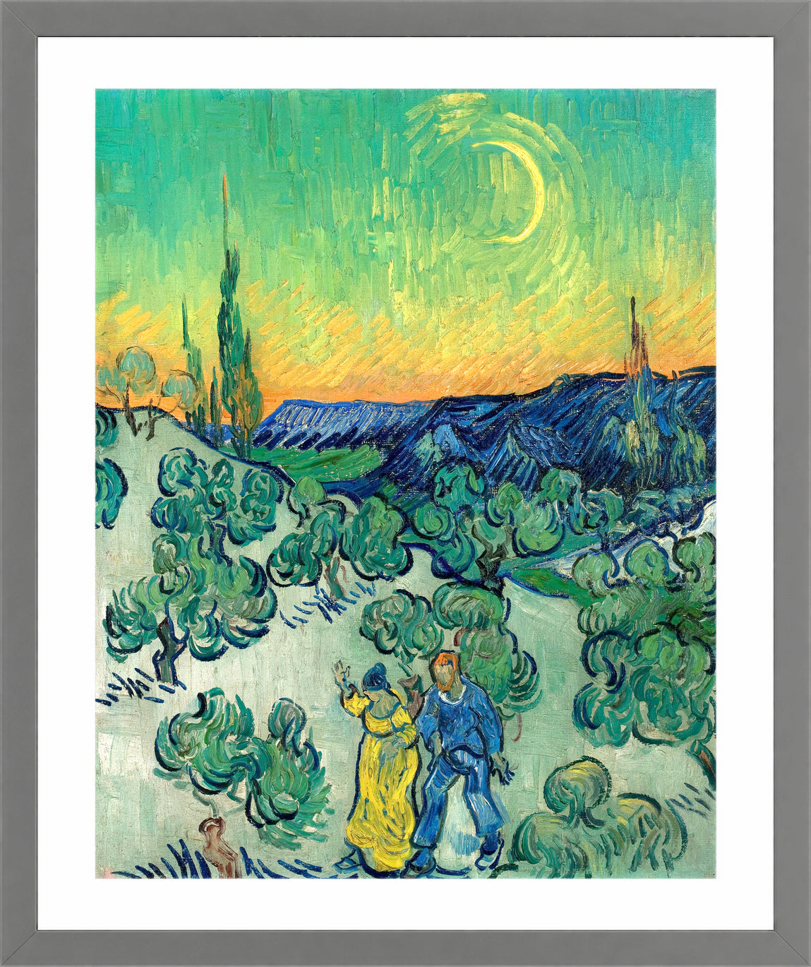 Vincent van Gogh Print, 018 Couple Walking among Olive Trees in a Mountainous Landscape with Crescent Moon_10x8 in a light grey frame