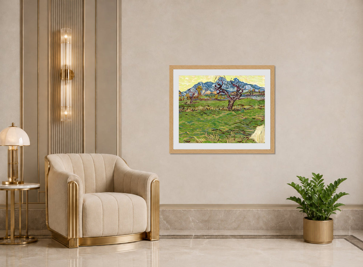 Vincent van Gogh Print, 019 Landscape with Olive Tree and Mountains in the Background_10x8 displayed in an Art Deco interior